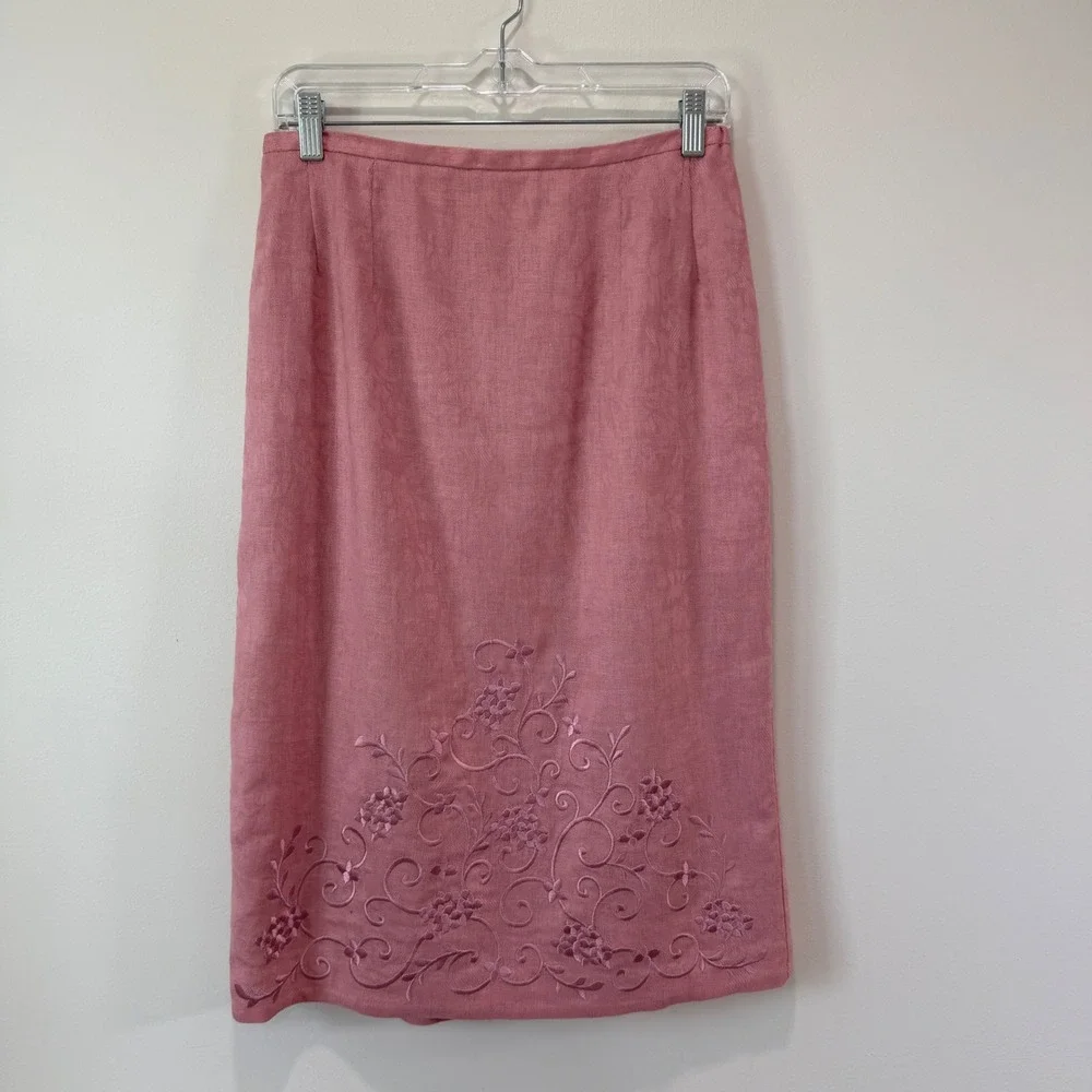 Vintage 2-Piece Suit Embroidered Pink Linen Blend Pencil Skirt Set 10 Lined Chic